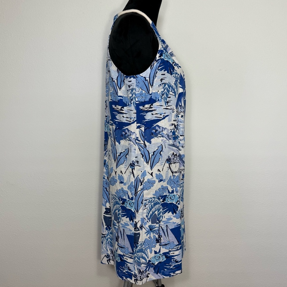 London Times Linen Blend Halter Sleeveless Seaside Print Shift A-Line Dress 8-10 - Picture 2 of 12